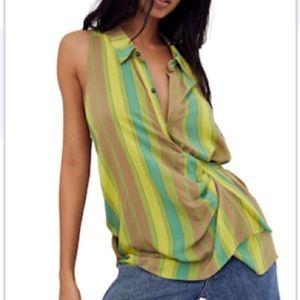 FREE PEOPLE MACKENZIE SLEEVELESS TURQUOISE GREEN STRIPED TOP XS TO S